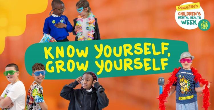 A promotional graphic for Place2Be's Children's Mental Health Week features a cartoon illustration of the Super Mario character Bowser.  The text reads "Place2Be's CHILDREN'S MENTAL HEALTH WEEK 3-9 FEB 2025 KNOW YOURSELF, GROW YOURSELF."  Bowser is depicted with a thoughtful expression. The Place2Be logo is also visible.